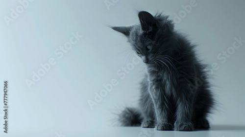 Portrait of cute black Nebelung kitten sitting on white background