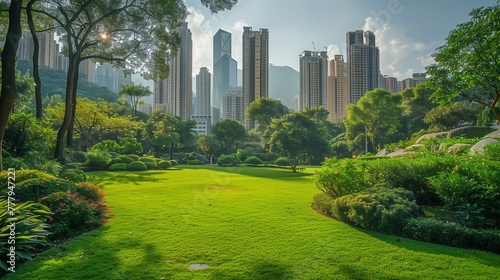 Urban Park with Lush Greenery and Skyscrapers.