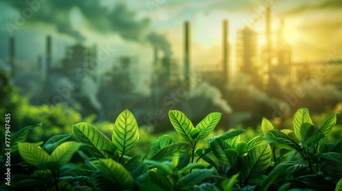 Young Green Leaves with Industrial Smokestacks Background.