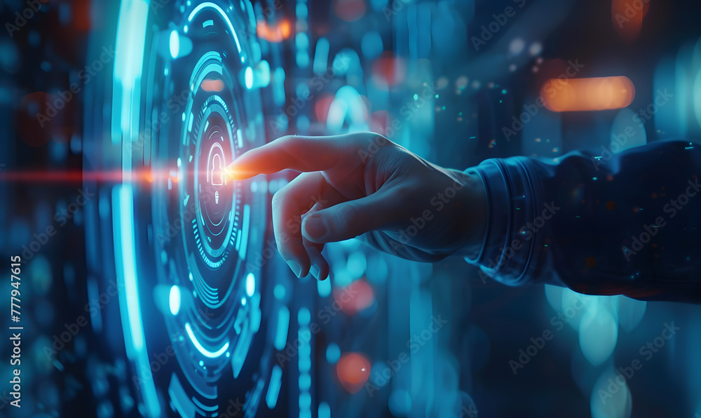 Businessman holding security padlock button on virtual screens, Generative AI Businessman holding security padlock button on virtual screens, Generative AI