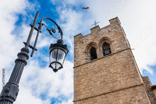 Medieval church tower and electric street lamp as a stork flies through the sky. Aranda.