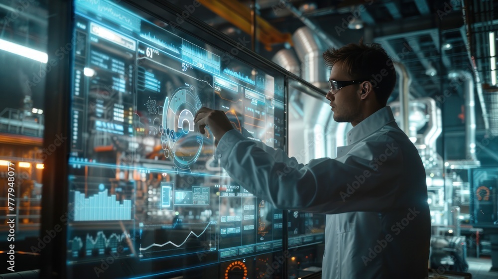 A man interacts with a futuristic holographic display showing graphs and mechanical designs in a high-tech control room environment. A man interacts with a futuristic holographic display showing graphs and mechanical designs in a high-tech control room environment.
