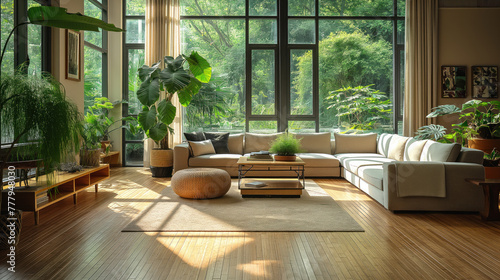 Modern Living Room with Large Windows and Lush Green View