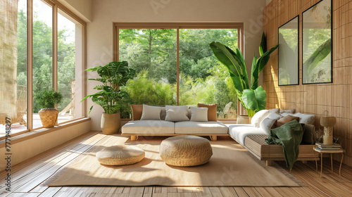Serene Modern Living Room with Lush Greenery View and Natural Light © mikhailberkut