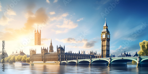 Illustration of the Big Ben clock tower and Houses of Parliament along the River Thames in London 