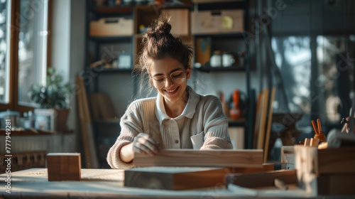 Carpenter measuring wooden plank in a well-lit workshop.