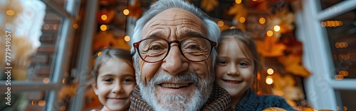 Thanksgiving Video Call with Multi-Generational Family, Grandfather Waves Hello, Grandmother Enjoys Meal, Little Girl Takes Selfie - Autumn Event photo