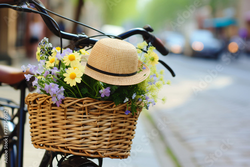 Female is riding bike with basket of pink chrysanth Bicycle basket with flowers and hat © yuniazizah