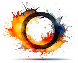 The image features a white background with splashes of black and orange-colored liquid.