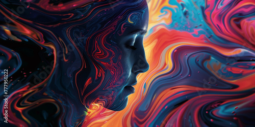 Side Profile of Woman with Colorful Psychedelic Swirls, Projector Abstract Concept