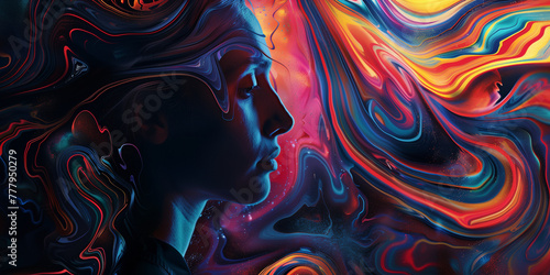 Contemplative Woman's Profile Amidst Swirling Neon Colours, Projector Abstract Concept