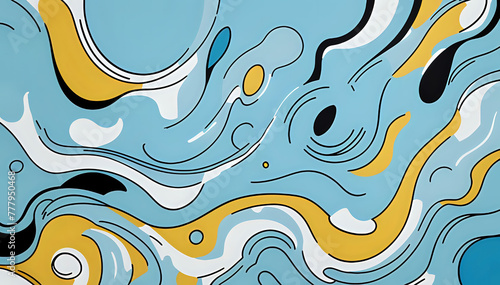 abstract design characterized by fluid, wavy lines and vibrant colors. The predominant color is a soothing blue, complemented by accents of yellow, red, and black