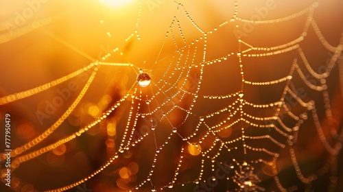 Sparkling Dew Drops on Intricate Spider Web at Sunrise,Reflecting the Delicate Beauty of Nature