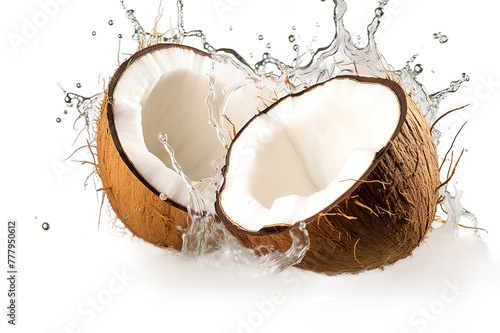 Coconut dropped into the water isolated on PNG Background. Generative Ai.