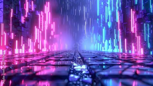 Neon Grid Horizon with Cascading Digital Rain Abstract Landscape
