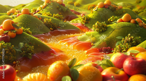 Dreamlike 3D landscape: Vibrant fruits and flowing liquid with dark green hills dotted with orange fruits. photo
