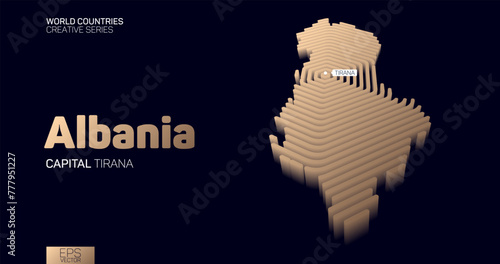 Isometric map of Albania with golden hexagon lines