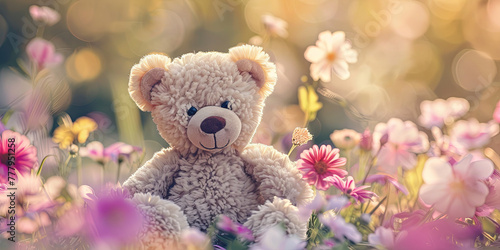 cute teddy bear sitting in the garden of flowers, generative AI © VALUEINVESTOR