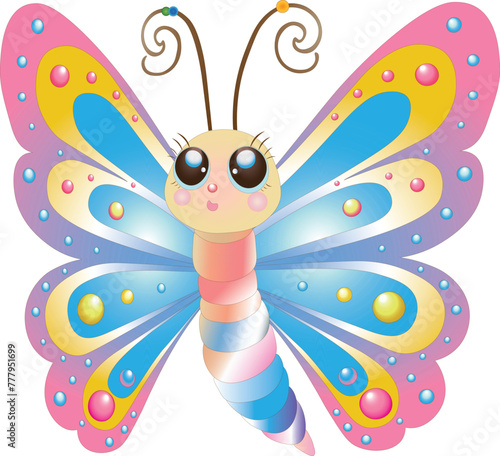 A vibrant, colorful butterfly in a cheerful, child-friendly vector illustration