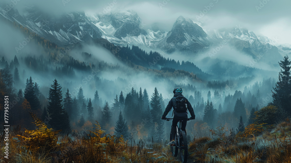 Silhouette of mountain bike rider in wild nature landscape. Mountains, forest in background. Magical misty nature. Blue illustration.