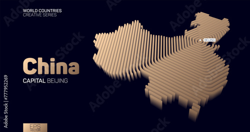Isometric map of China with golden hexagon lines