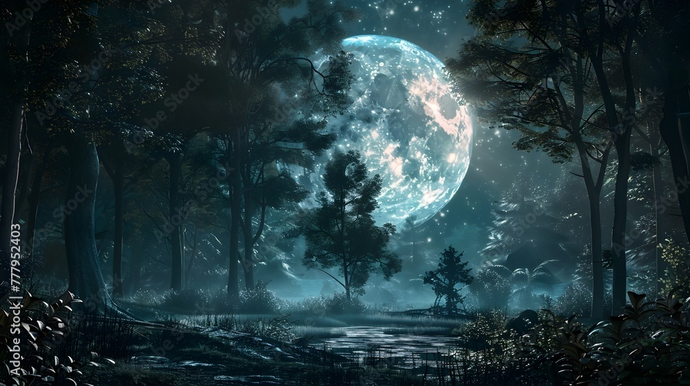 Supermoon Casts Ethereal Light Over Enchanted Forest Landscape Supermoon Casts Ethereal Light Over Enchanted Forest Landscape