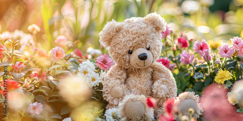 cute teddy bear sitting in the garden of flowers  generative AI