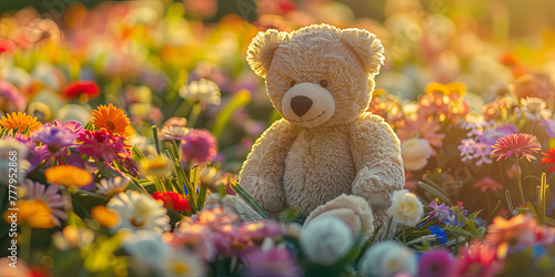 cute teddy bear sitting in the garden of flowers, generative AI © VALUEINVESTOR