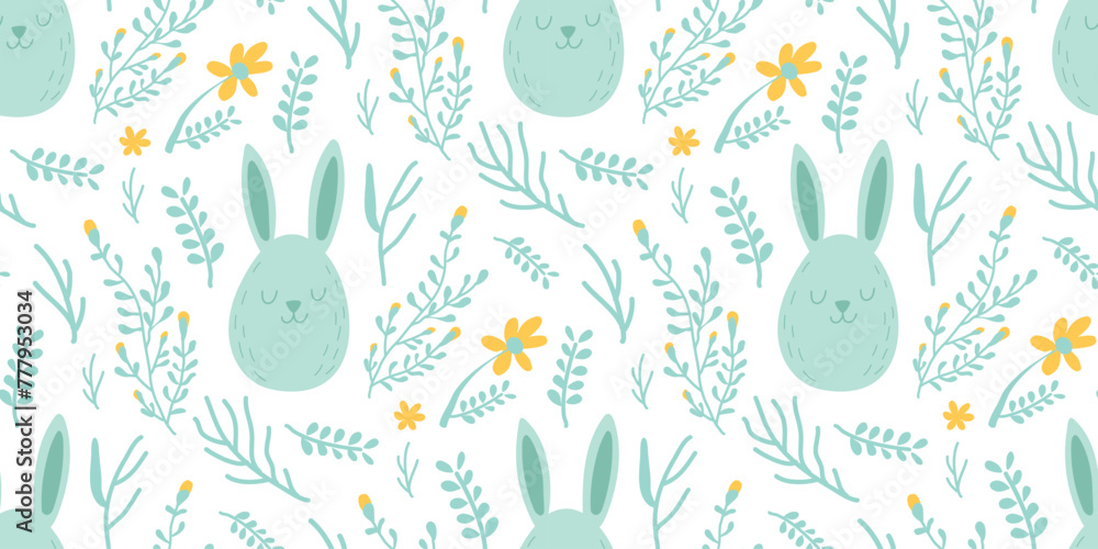 Easter Seamless Pattern Rabbit with Flower Background. Fabric Pattern for Spring,Summer Wrapping