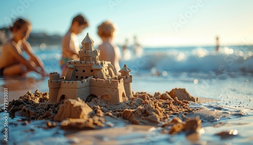 Boy and girl playing on the beach on summer holidays. Children building a sandcastle at the sea.family time in holidays.