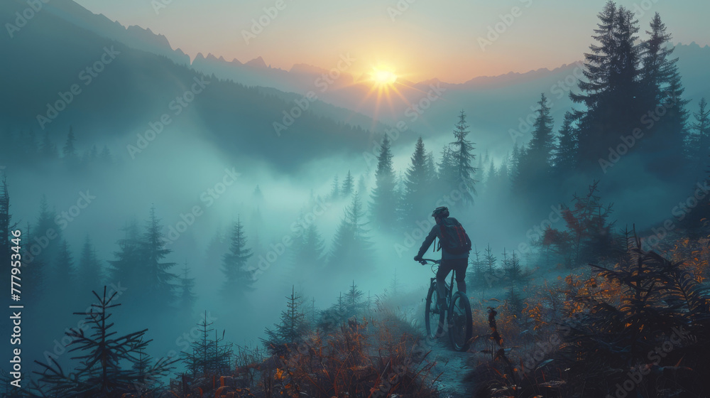 Silhouette of mountain bike rider in wild nature landscape. Mountains, forest in background. Magical misty nature. Blue illustration.