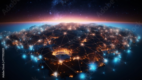 Glowing futuristic computer network with global communications 