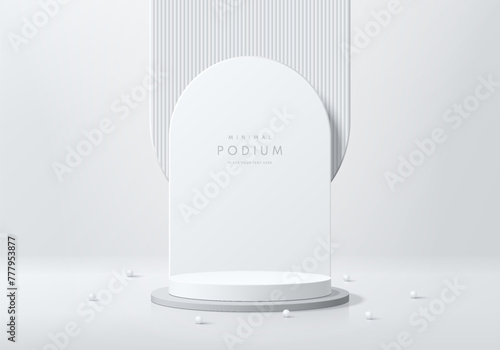 Realistic white 3D cylinder pedestal podium background with overlap arch backdrop scene. Minimal mockup or abstract product display presentation, Stage showcase. Platforms vector geometric design.