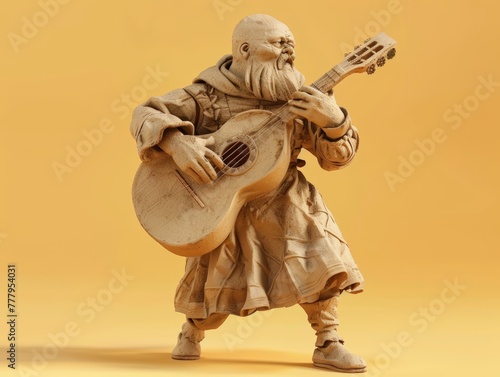 3D render clay style of a medieval minstrel playing guitar, isolated on orange background