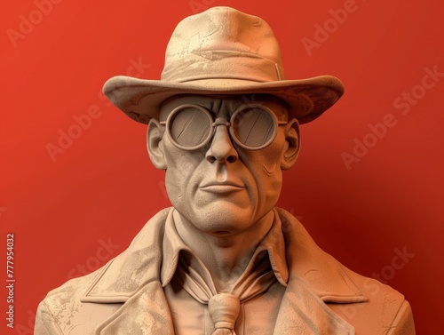 3D render clay style of Middle-aged man wearing a suit, hat, and sunglasses, isolated on red background, Detective or undercover policeman © Jira