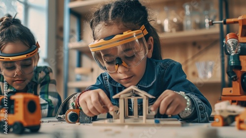 Two children wearing safety goggles focus on assembling a wooden structure, surrounded by toys and tools in a workshop.