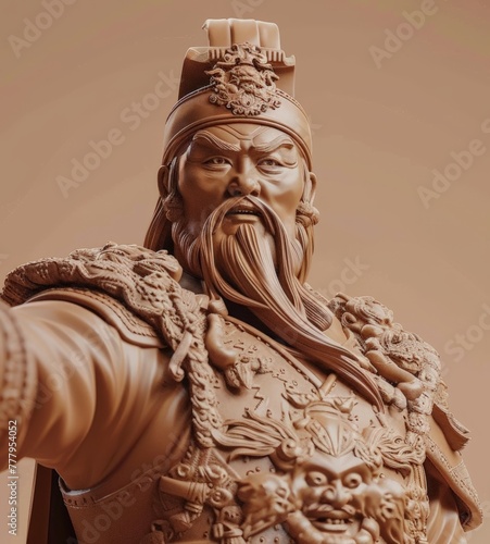 3D render clay style of a Mongol chieftain or the leader of the Chinese army, isolated on brown background photo