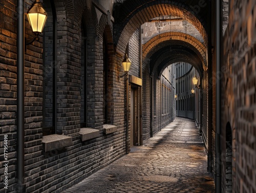 3D render style of a Victorian London alleyway 
