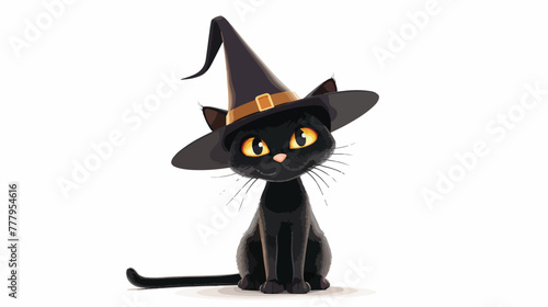 Black cat heat with witch hat in realistic cartoo