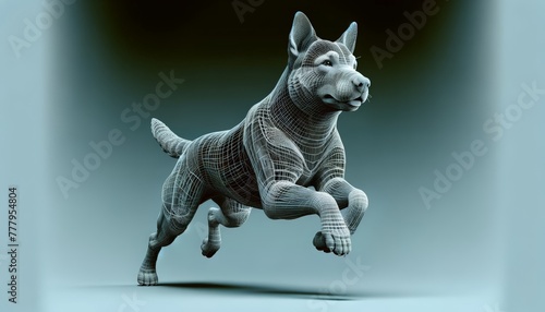 3D wireframe model of a dog in a dynamic pose, as if running or jumping photo