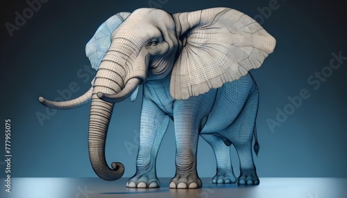 3D wireframe model of an elephant, showcasing skin, large ears, and tusks