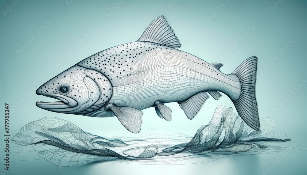 Obraz premium 3D wireframe model of a salmon fish, showcasing texture of the skin, scales, and fins