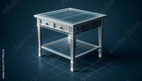 3D wireframe model of a table, showcasing tabletop, legs, and drawers or shelves