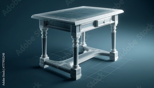 3D wireframe model of a table, showcasing tabletop, legs, and drawers or shelves