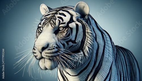 3D wireframe model of a tiger, showcasing stripes, muscular build, and facial features © Jira