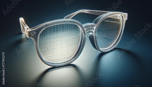 3D wireframe model of eyeglasses, showcasing the frames, lenses, and temples photo