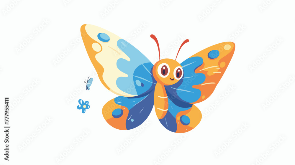 Happy cartoon butterfly with blue wings. Baby mot