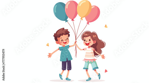 Kid boy and girl holding hands with balloons.Dive