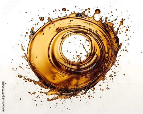 A splash of oil is arranged spirally and isolated on a white background.