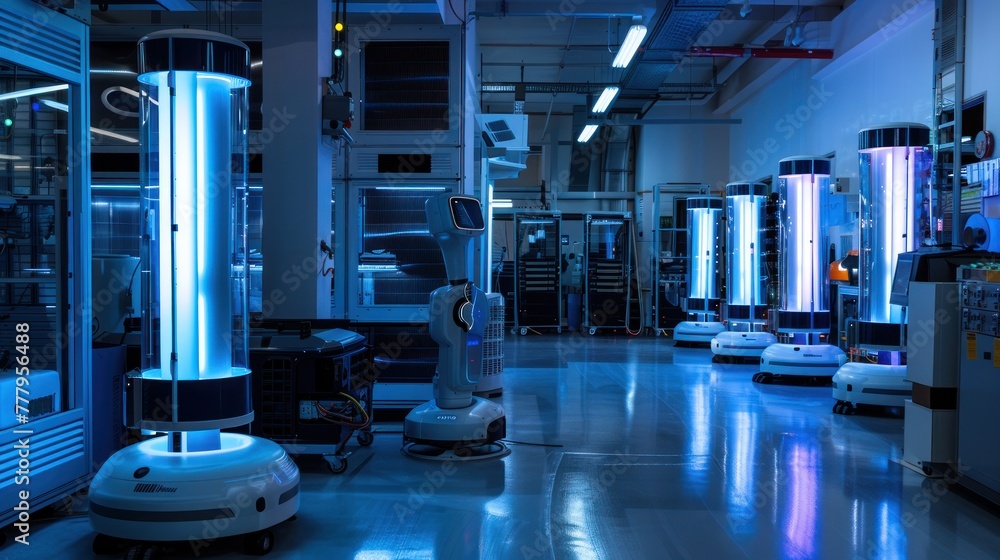 Modern industrial facility at night with automated guided vehicles ...